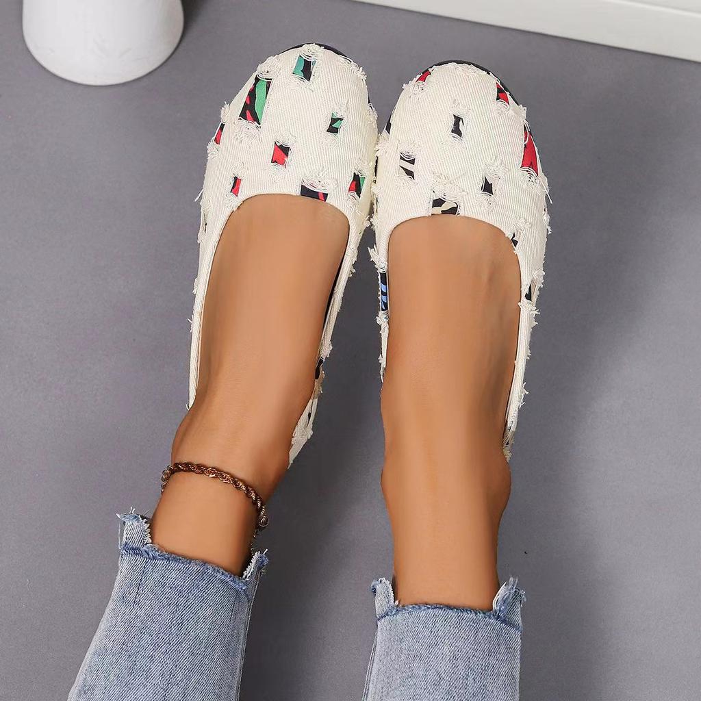 Kadın Loafer Ayakkabı 2024 Yeni Karışık Renkler Yama İşi Denim Nefes Alabilen Ayakkabılar Babet Mokasen Günlük Yuvarlak Burunlu Slip On Sığ Ayakkabılar