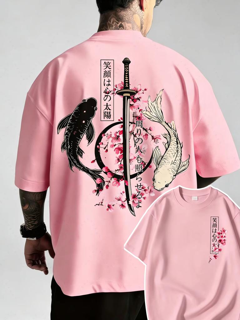 Trendy Casual Japanese Yinyang Koi Fish and Samurai Sword Pattern Cotton Unisexs Tshirt Shortsleeved Tshirt Casual Loose Unise
