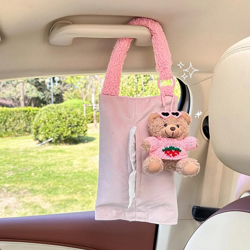 Cartoon Car Tissue Box Creative Doll Bear Car Hanging Paper Box Cute Plush Car Home Dual-use Hanging Bag