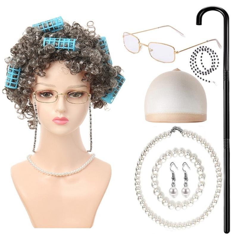 Halloween Grandma Costume Set Old Lady and Granny Glasses Props for Kid Girl F0S4