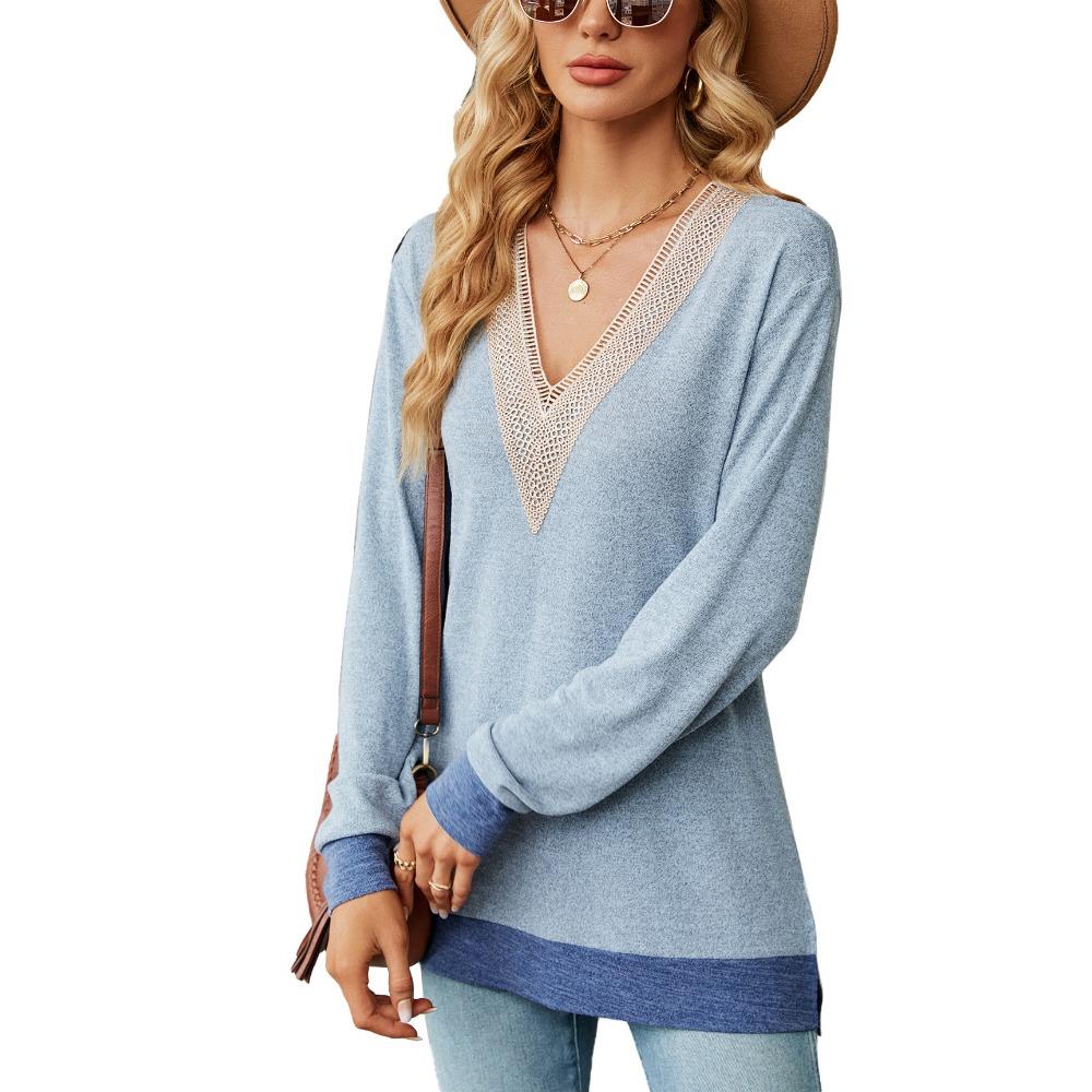 Women's Long Sleeve T-Shirt Fall/Winter Sweatshirt Women's Lace V-Neck Color-Blocked Split Hem Loose Top