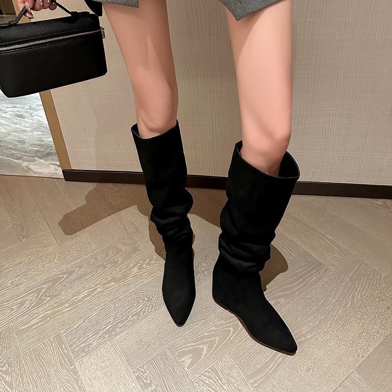 Pointed Wedge Heel Apricot Pile Long Knight Boots Women's Shoes 2025 Spring and Autumn New Thin High Heel High Boots