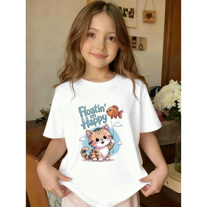 Girls Crewneck Short Sleeve T-Shirt, Cute Kitten & Fish Balloon Print 110