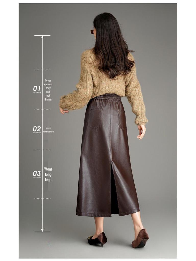 Elegant Women's Genuine Leather Slit Skirt - High-End Autumn/Winter Fashion