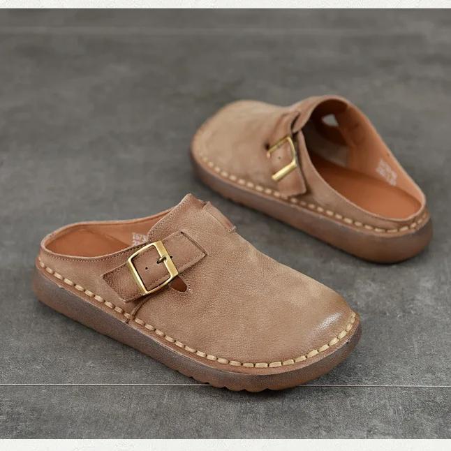 Johnature Retro Dámské venkovní pantofle z pravé kůže Všestranné pantofle z hovězí kůže s měkkou podrážkou