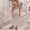Striped Halter Backless Knit Bodycon Maxi Dress Vin