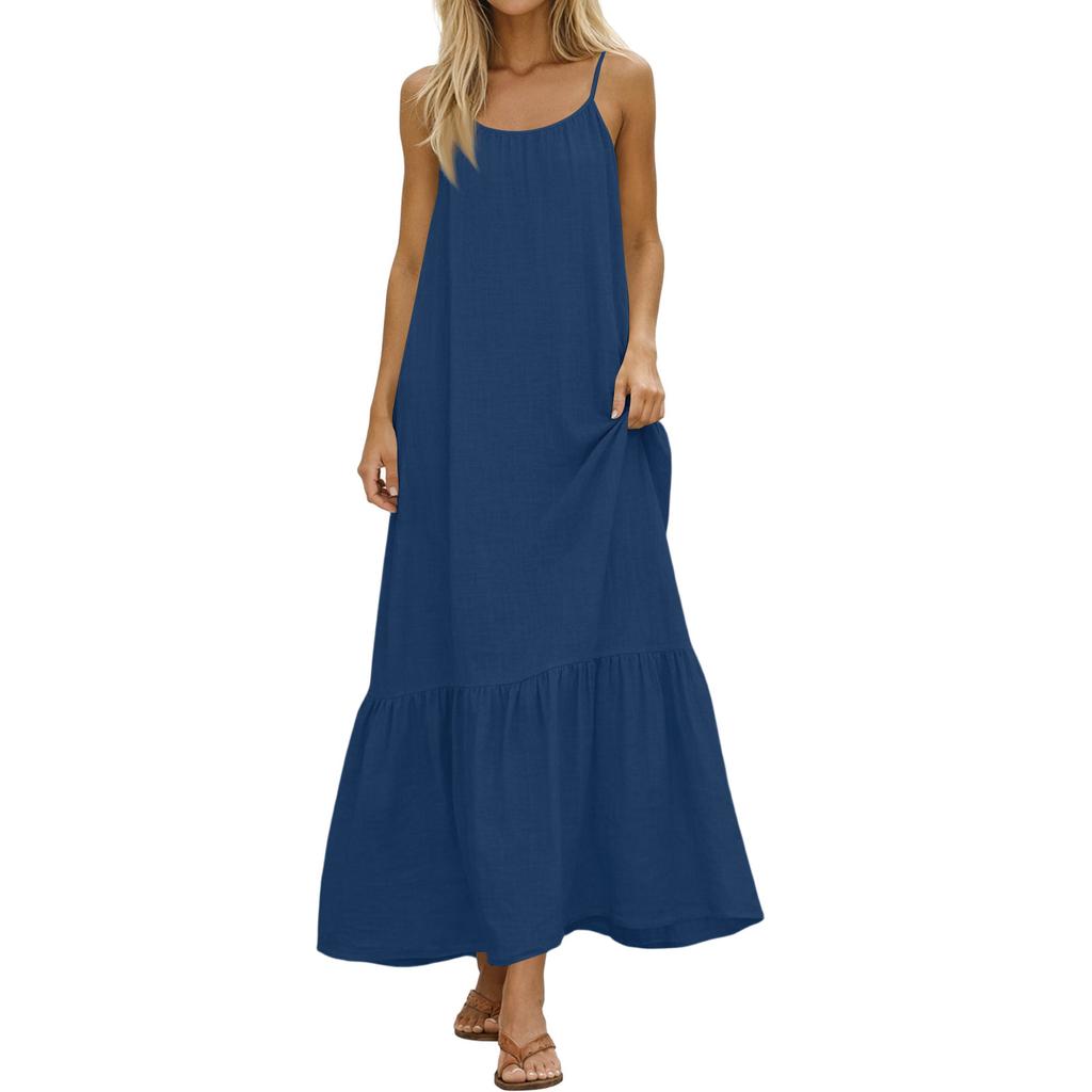 Dames Zomerjurken Spaghetti Bandjes Ronde Hals Gerimpeld Ruches Vloeiend Boho Maxi Jurk