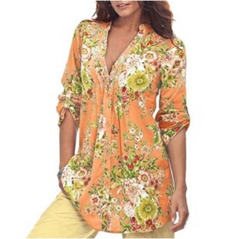 Elegant Bb Women Floral Print V-neck Big Size Tops Tunic For All Seasons