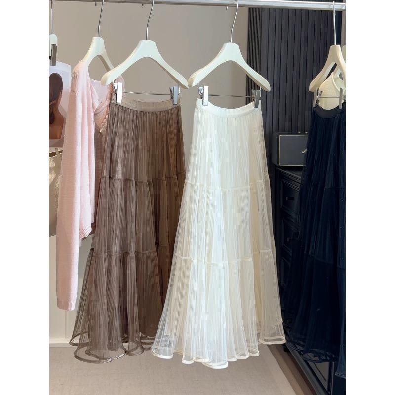 

French sparkling mesh cake skirt women s spring and summer new medium and long A-shaped pleated big swing gauze skirt tide One size fits all