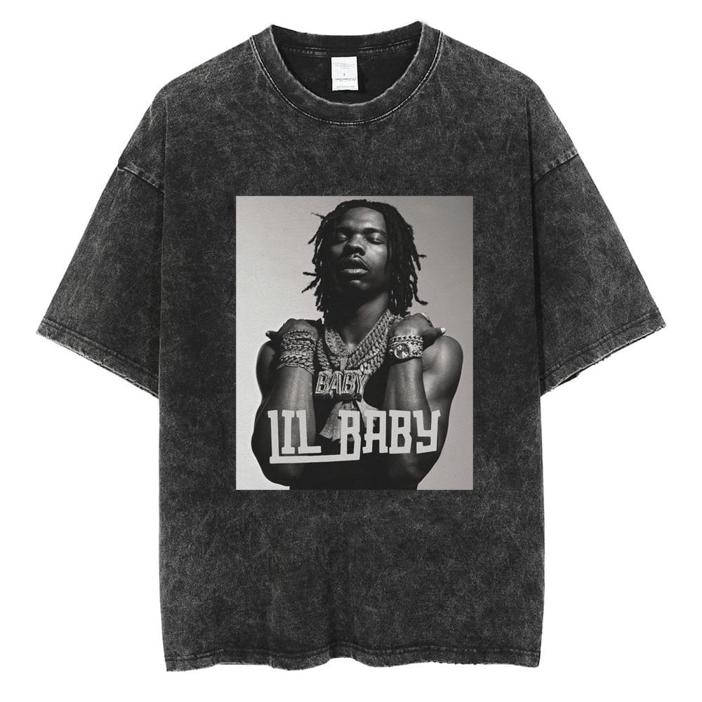 Hip Hop Rapper Wash Vintage Black Lil Baby T Shirt Unisexs Fashion Oversized Tee Short Sleeve Regular Male Tshirt Unisex Streetwear