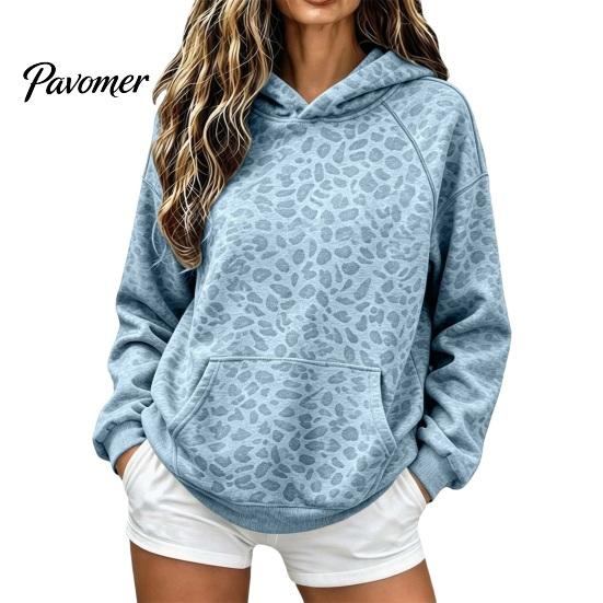 Sweatshirt with Front Pocket Women Leopard Print Hoodie, Oversized Drop Shoulder Hooded Pocket, Hoodie Long Sleeve Loose Casual Pullover Top