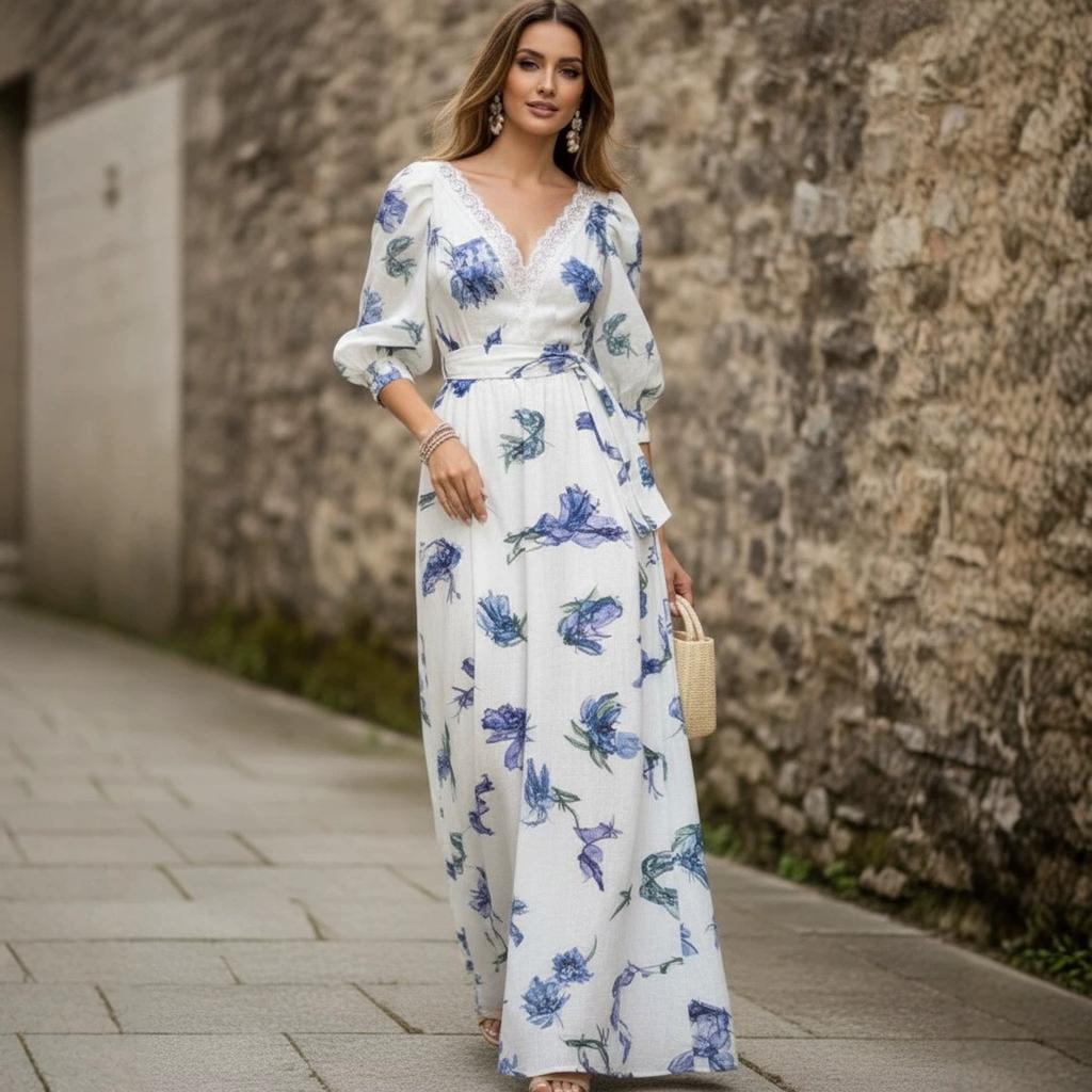 European and American New, Bohemian Print Lantern Sleeve V-neck Women's Dress