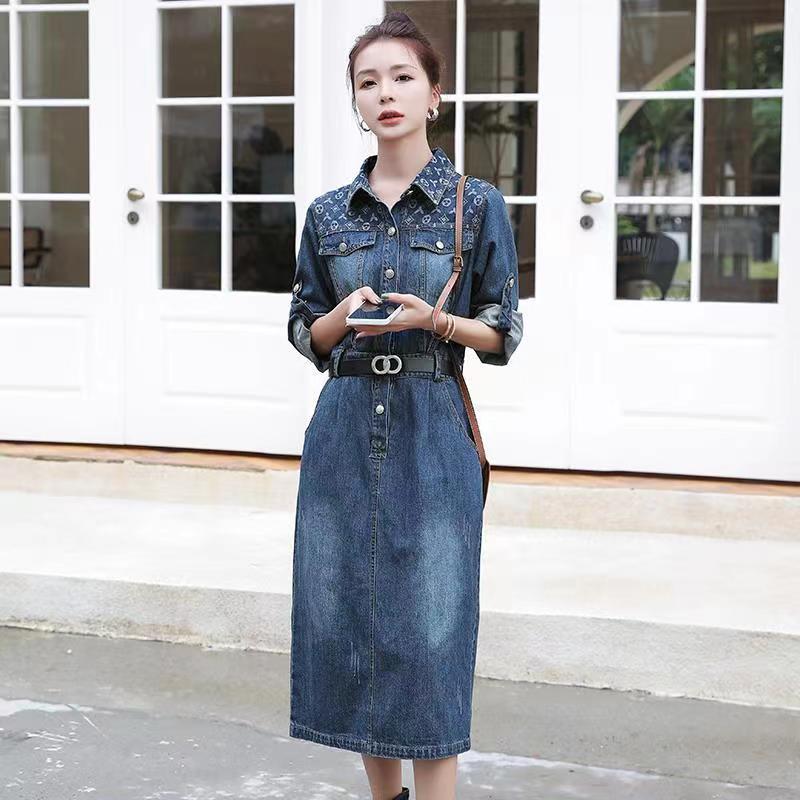 

Платья, джинсовое платье, длинные рукава осень/зима, винтажная талия, принт, S-2XL