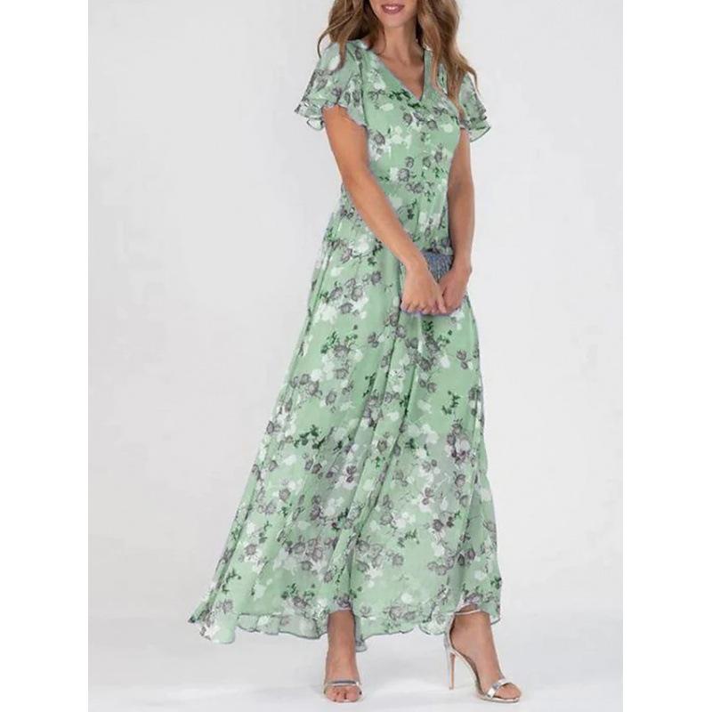 New beach pendulum long dress chiffon floral short-sleeved ruffle V-neck fashionable waist dress