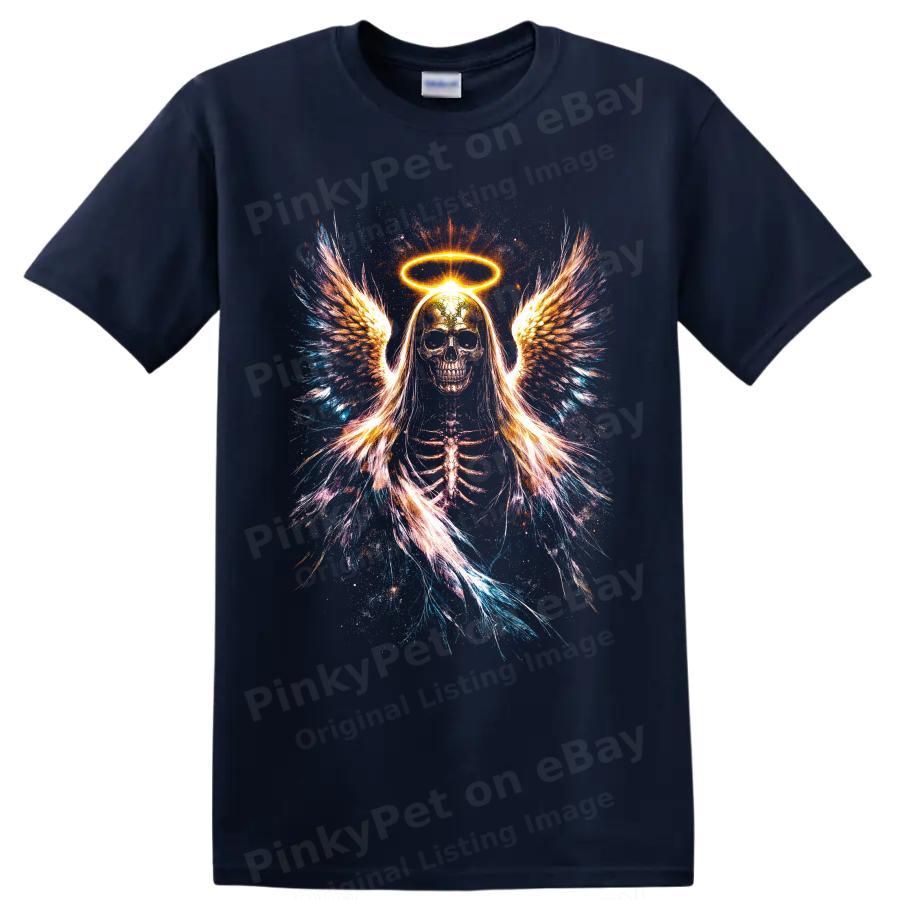 Angel Skeleton T Shirt w Halo Wings Neon Gothic Rainbow Art Graphic Tee Unisex
