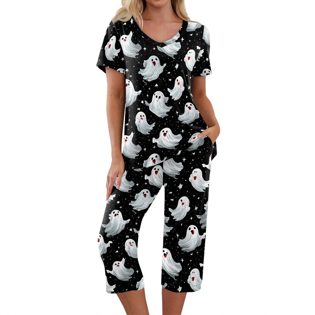 Women's Halloween Two-Piece Outfit Set - Casual Short Sleeve Top and Printed Pants, Comfortable Sportswear for Holiday Parties
