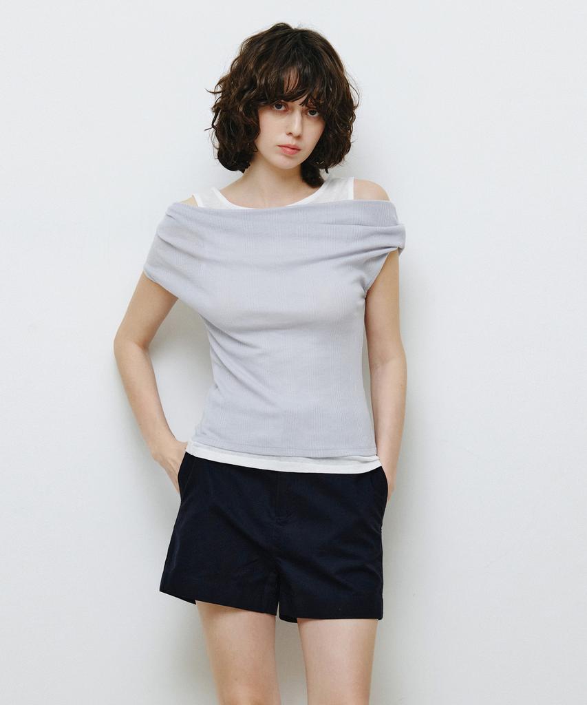 MONGDOL Double Layered One-Shoulder T-Shirt Sky Blue Mdts093Skyblue