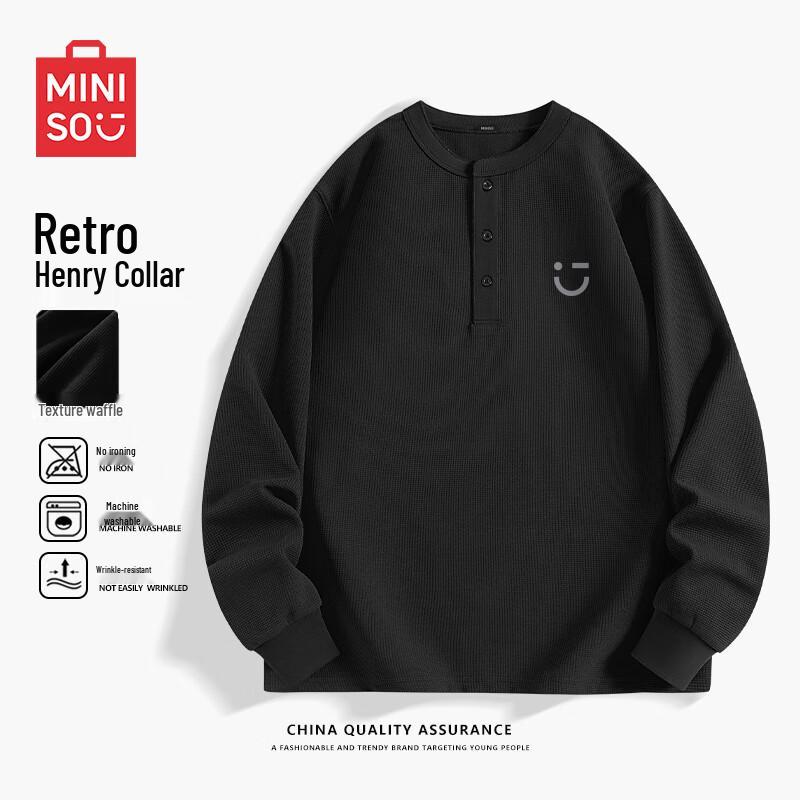 MINISO Men s Henry Collar Waffle Texture Long Sleeve T-shirt XL
