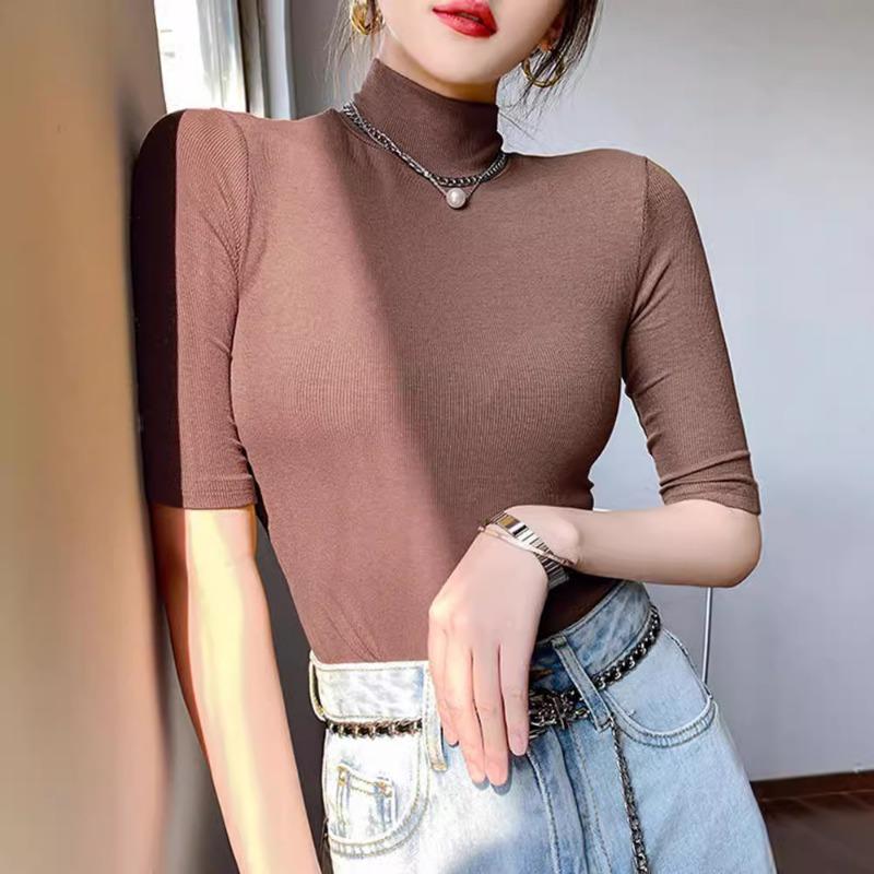 Threaded Short-sleeved T-shirt for Women Summer New Half-sleeved Turtleneck Bottoming Shirt with Inner Top