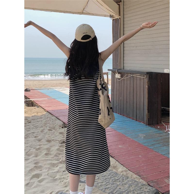 YYFS Dámská móda Léto Jaro Pruhovaný potisk Bez rukávů U výstřih Volný pas Ležérní šaty