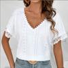Summer New V-neck Lace Short Sleeve Casual White Shirts Women Elegant Hollow Out Vintage Loose Blouses Women Sweet Slim Fit Female Shirt Tops 26641