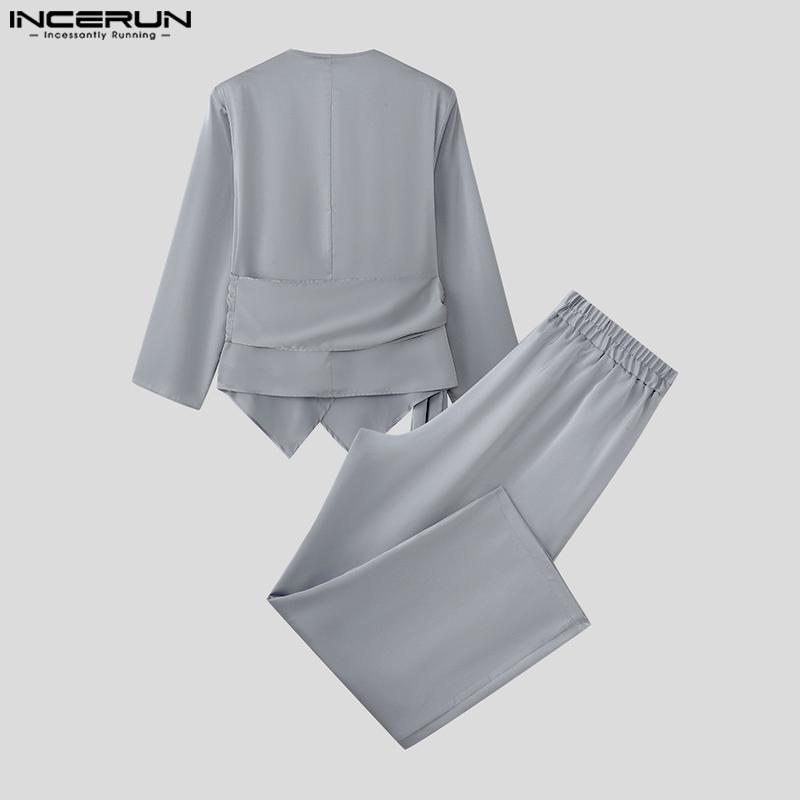 INCERUN 2PCS Men Long Sleeve Irregular TopsLong Straight Pants Sets Two Pieces Outfits