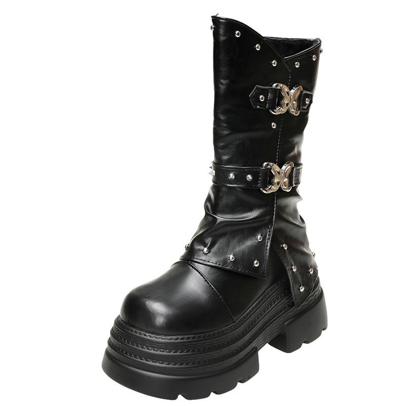 10cm Ultra-high Women's Platform Boots High Quality Leather Short Boots Women's Retro Design Rivet Knight Boots Botas Para Mujer