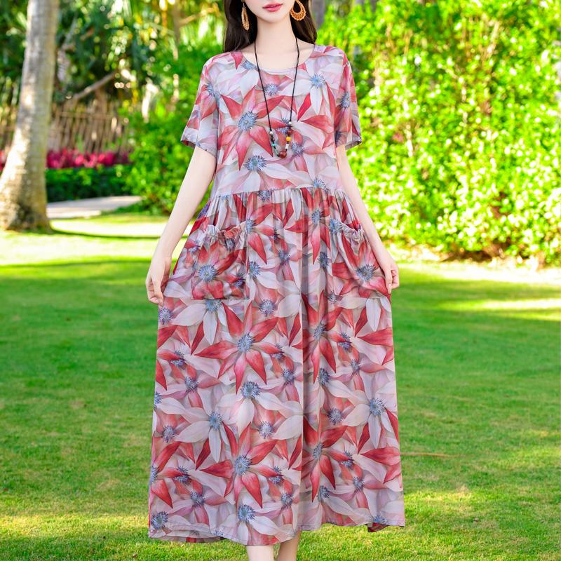 Vintage Print Lange Jurken voor Vrouwen Plus Size Korte Mouw Casual Zomerjurk Elegante Middelbare Leeftijd Dameskleding