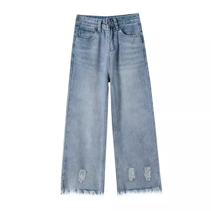 

High-Waisted Distressed Denim Jeans for Petite Women, Slimming Summer Style, Narrow Straight-Leg, Nine-Tenths Length Small светло-синий