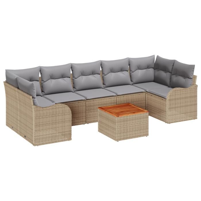 Ensemble de 8 pièces de canapés de jardin avec coussins Beige Poly Rattan Acacia, Canapé de jardin 2 places avec coussins 3347420