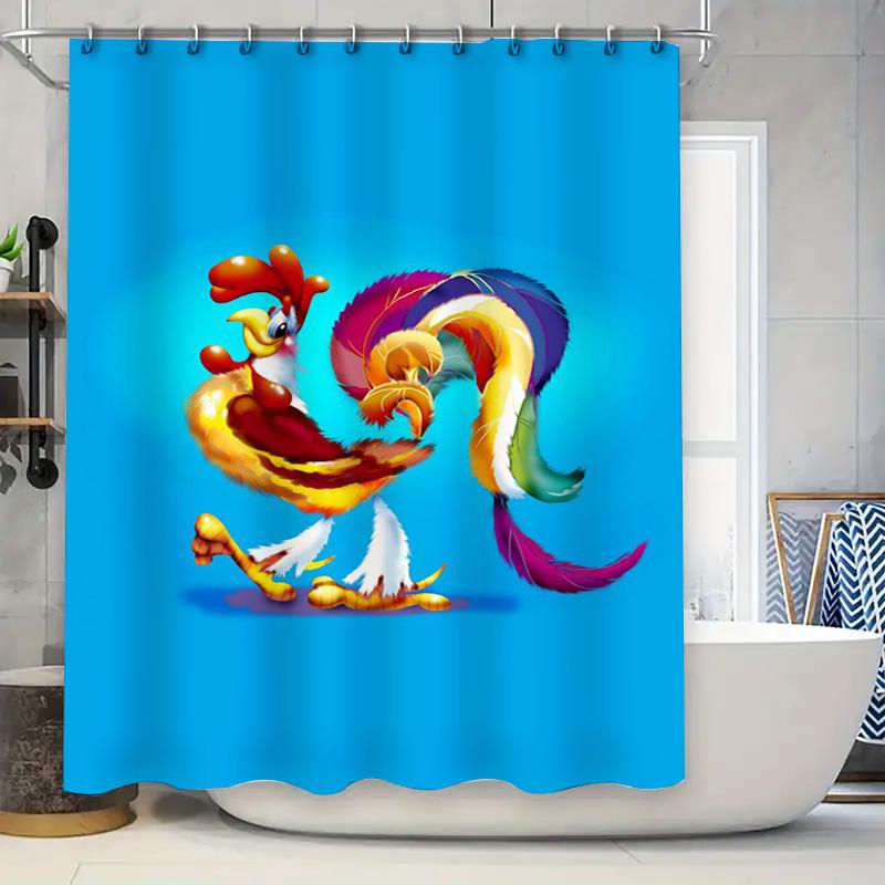 

Colorful Rooster Shower Curtain Waterproof Fabric Decoration for Bathroom Printed Blue Background Floral Design Wall Hanging Hom 90x180cm