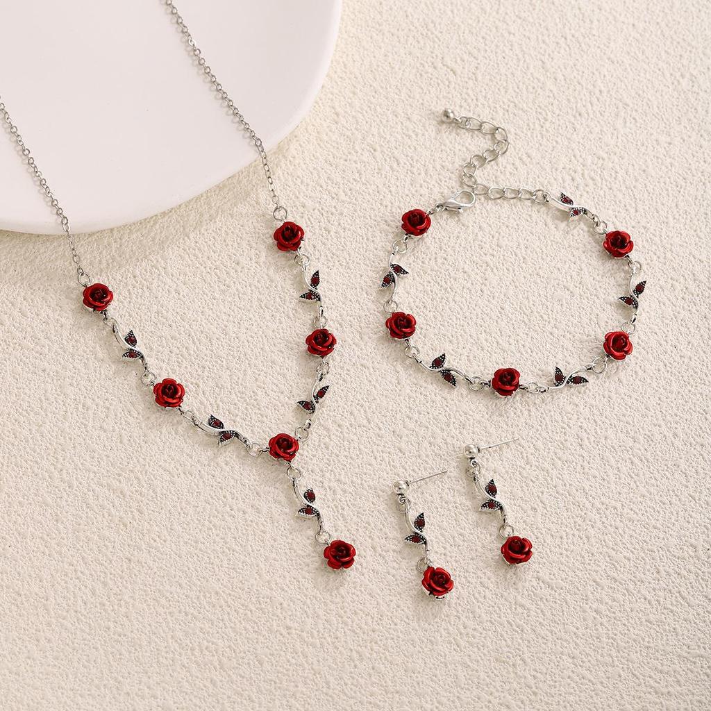 Elegant High-End Women's Retro Silver Fairy Jewelry Set: Black Knight Rose Earrings, Bracelet & Necklace