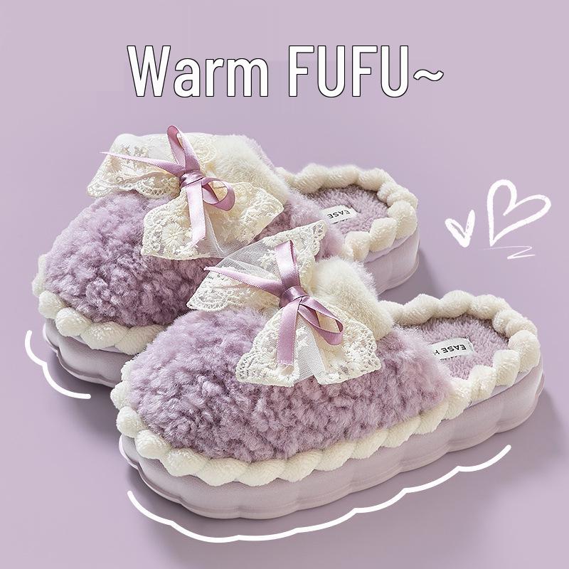 Damen Winter Warme Flauschige Baumwollpantoffeln mit Schleife - Rutschfest Postpartal Indoor