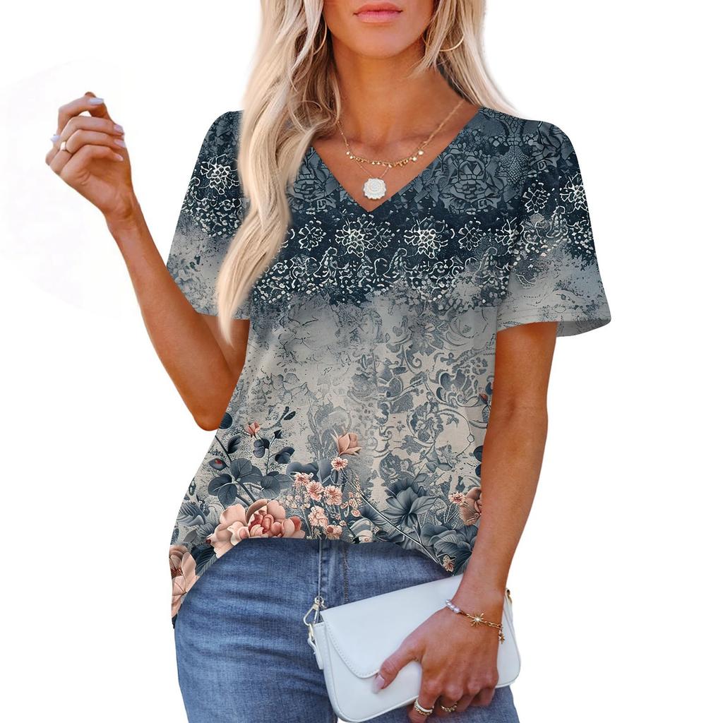 Damska Modna Codzienna Bluzka Pulower z Krótkim Rękawem z Nadrukiem i Dekoltem w Serek