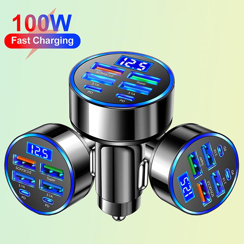 100W 6-Ports Usb Type-C Car Charger With Voltage Display Pd Fast Charging Power Adapter For Iphone Android Smart Phone Tablet