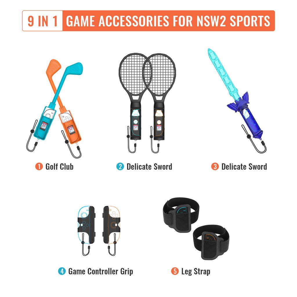 JYS-NS2281 For Nintendo Switch 2 9 In 1 Sports Game Tennis Racket Golf Club Leg Strap Motion Sensing Controller Set