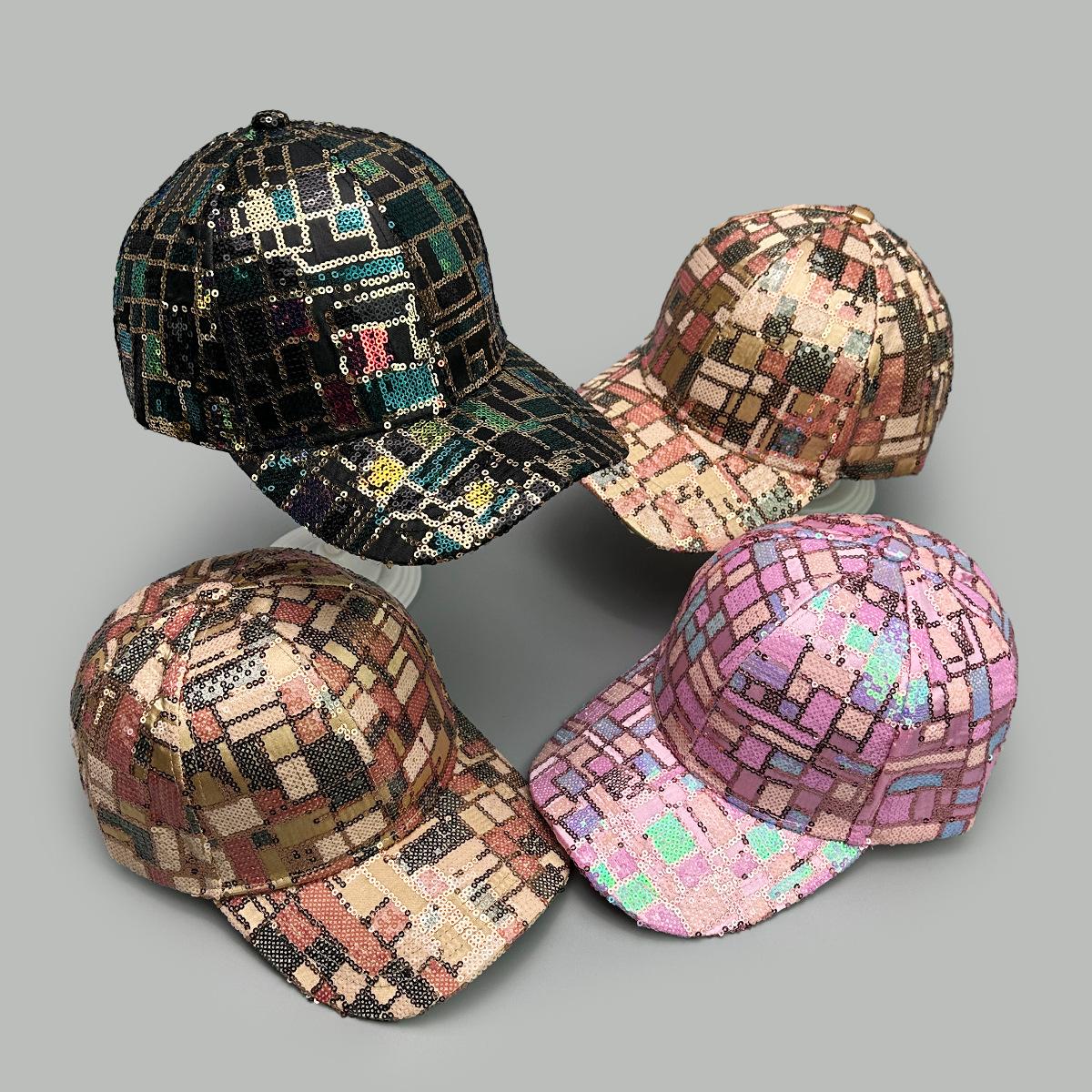 Charm Clothings Women's Black Color Sequin Checkered Baseball Cap Shade Casual Outdoor Street Personality Cap 52-60Cm