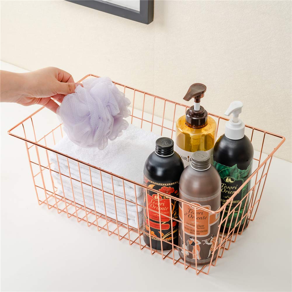 SANNO Wire Storage Basket, Household Storage Box, Small Item Storage Case, Refrigerator Compatible, with Handle, Rose Gold, Set of 2
