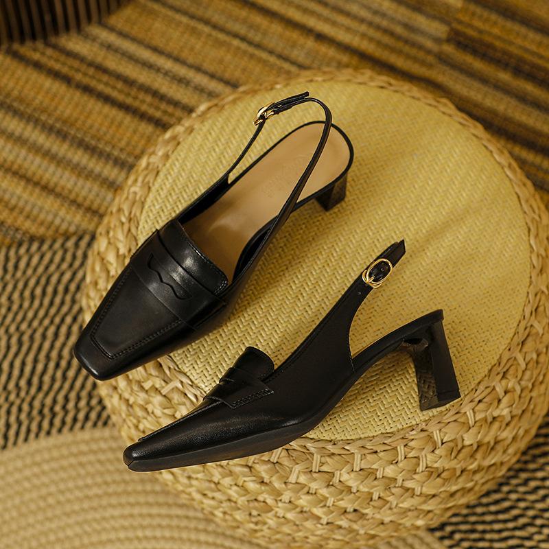 

French bag head sandals 2025 new summer leather one-word with square head high heels temperament thick heel empty single shoes 34 чёрный