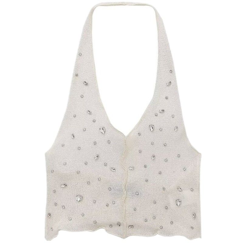 Fashion Style 2024 Summer New Arrival Women's Sleeveless Jewelry Inlaid Hanging Collar Vest Camisole Tops 1014316