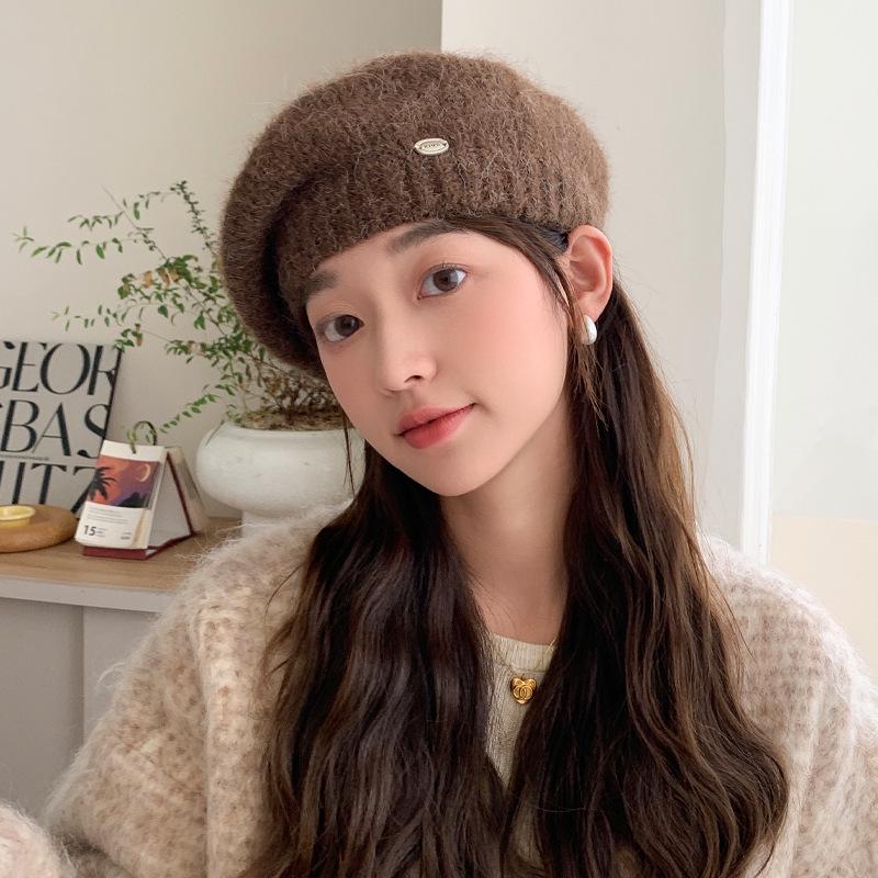 Women's Korean Style Woolen Beret: Versatile, Solid Color, Knitted, Warm, Windproof, with Metal Label for Autumn and Winter