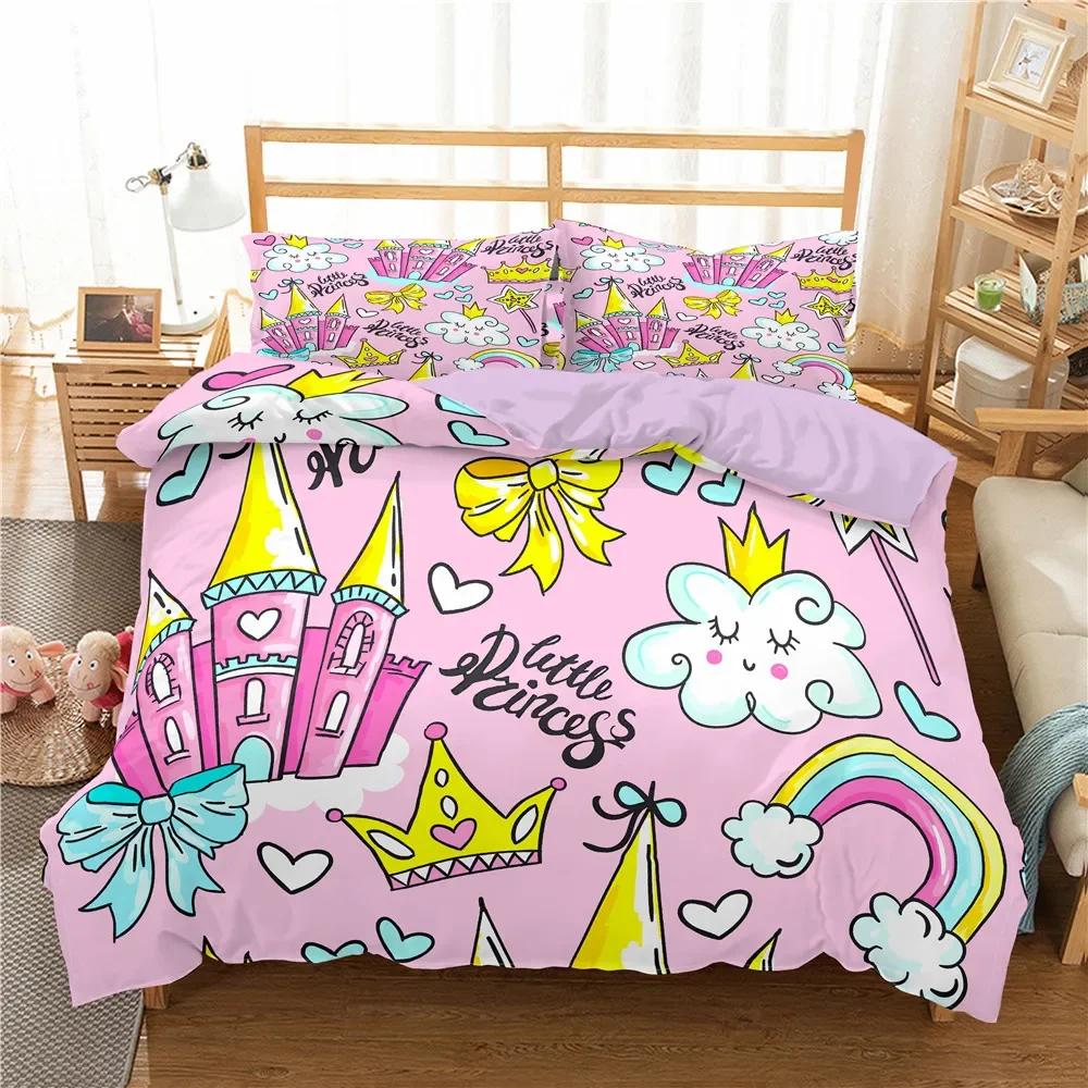 Kids Cartoon Pink Castle Comfortable Duvet Quilt Cover Pillowcase Bedding Set Children Bedroom Decoration Home Textile