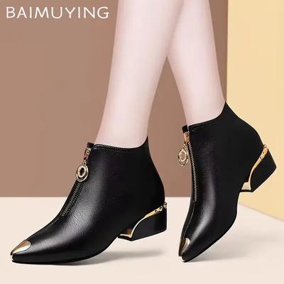 Lüks Sivri Burun Kadın Ayak Bileği Botları Kalın Fermuarlı Deri Ayakkabılar Kadın 2025 Trend Kış Botları Moda Kar Chelsea Botas Mujer