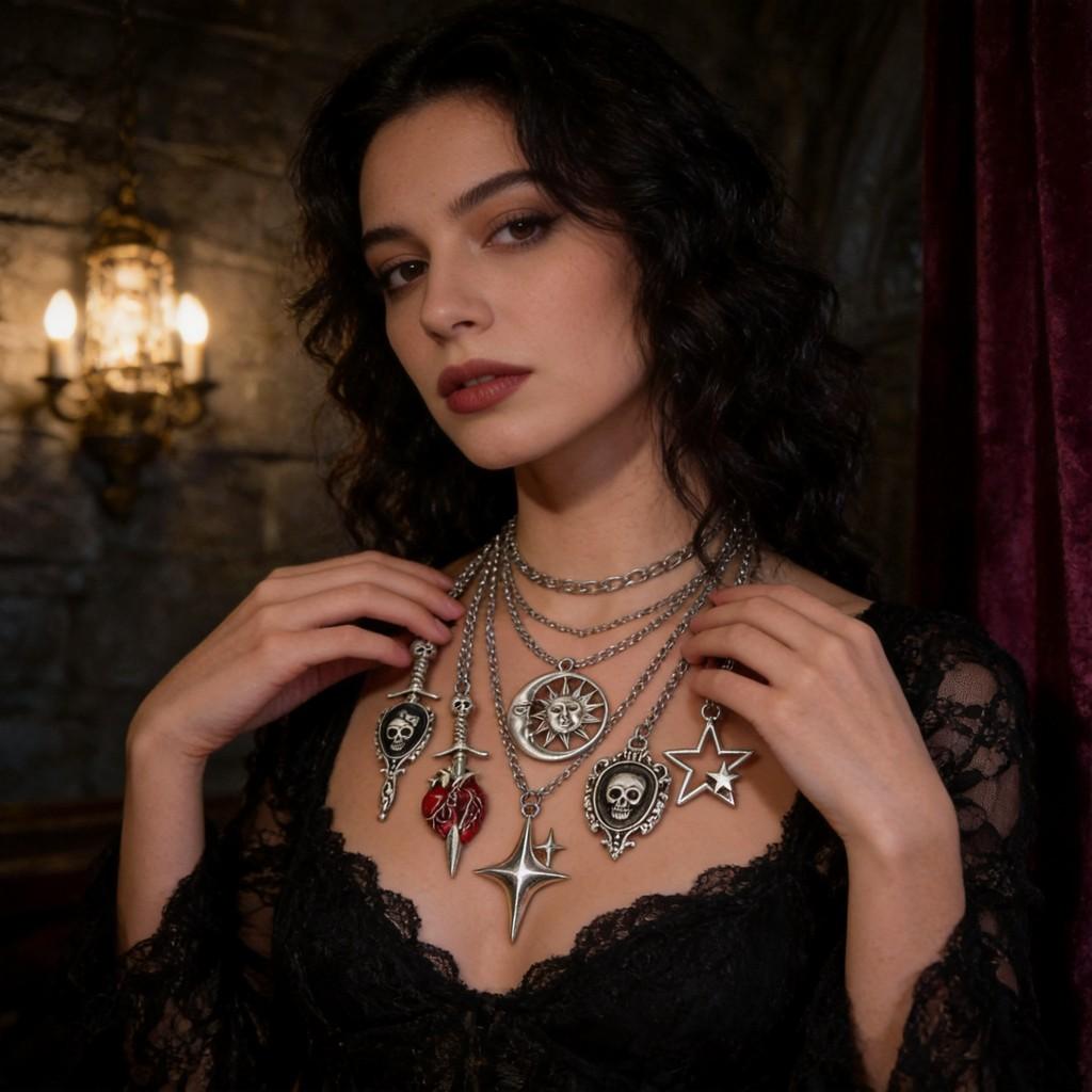 Gothic Punk Star Heart Moon Sun Skull Pendant Necklace For Women