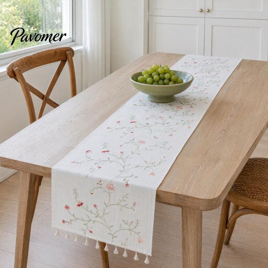 Table Runner Protects from Hot Pans Floral Embroidered Runner, Elegant Dining Cover, White Rustic with Tassels for Home Wedding Bridal Shower