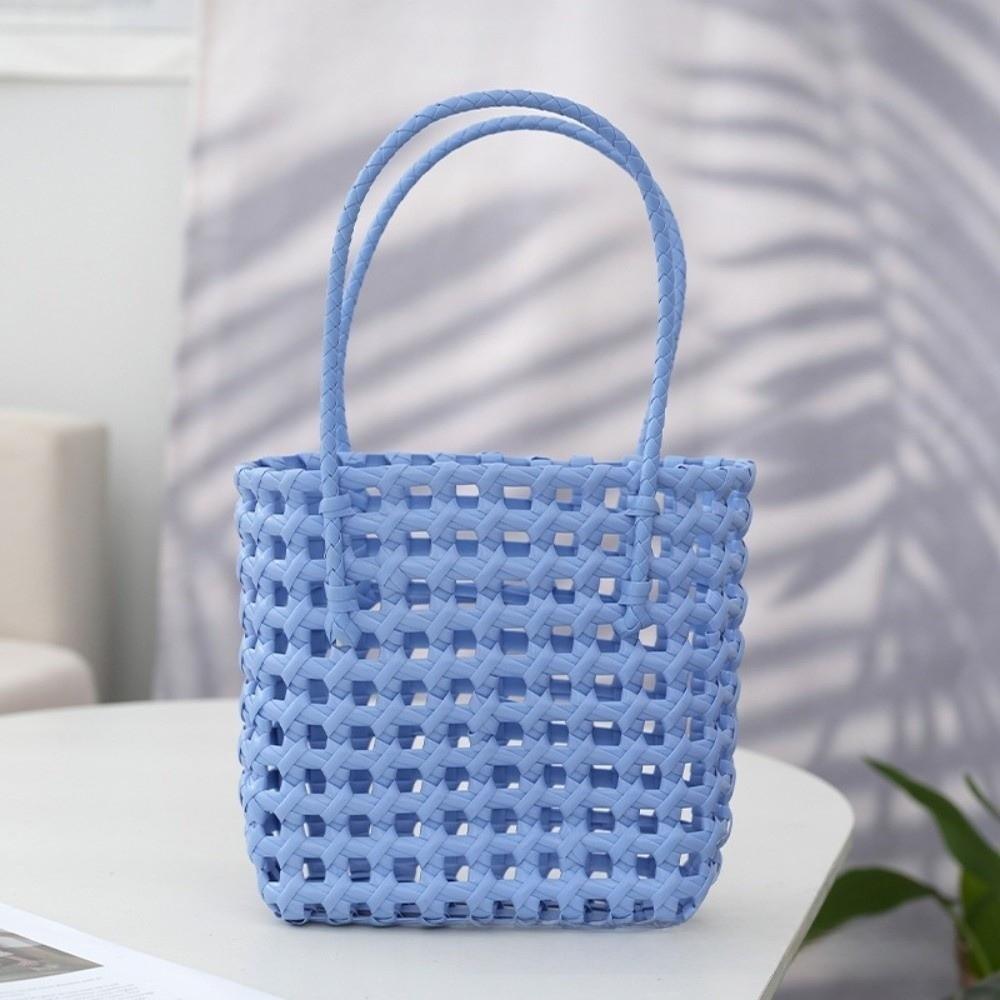 

Fashion Plastic Material Hollow Weave Bag Woven Design Large Capacity Basket Bag Lightweight Candy Color Beach Tote Bag Vacation синій
