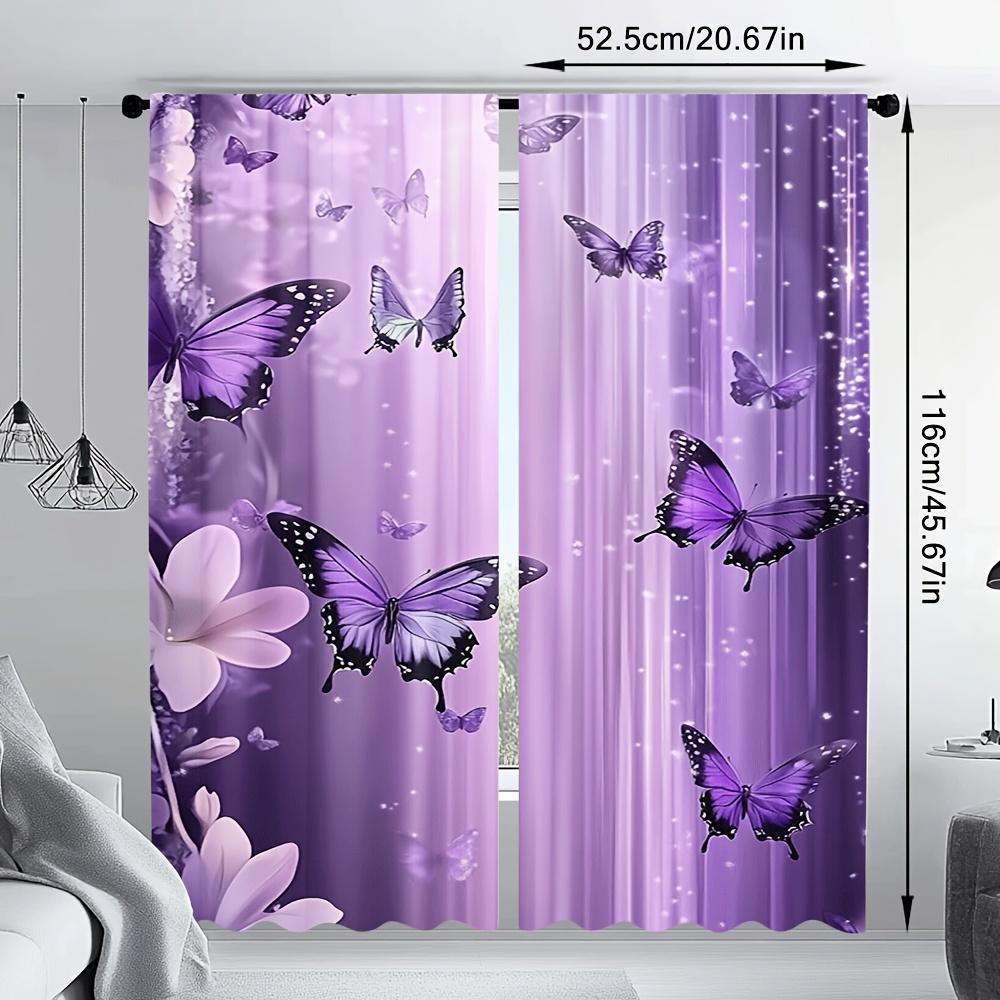 Set Of 2 Violet Butterfly Dance Curtains Purple Floral Semi Transparent Bedroom Office Living Room Decor Curtain With Rod Pocket Polyester Ideal For