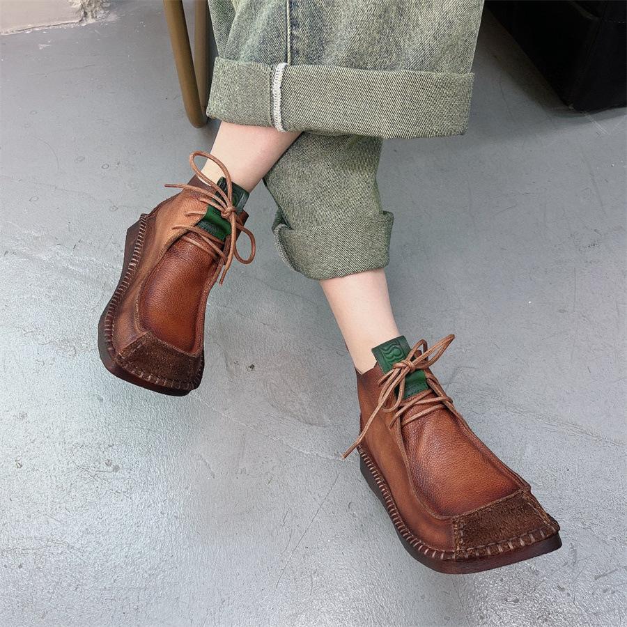Johnature Square Toe Short Boots Genuine Leather Lace-up Retro Versatile Women Soft Sole Flat Shoes