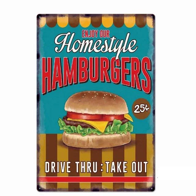 Delicious Hamburger Food Signs Metal Plaques Barbecue Kitchen Restaurant Shop Tin Sign Decorative Posters Retro Iron Painting