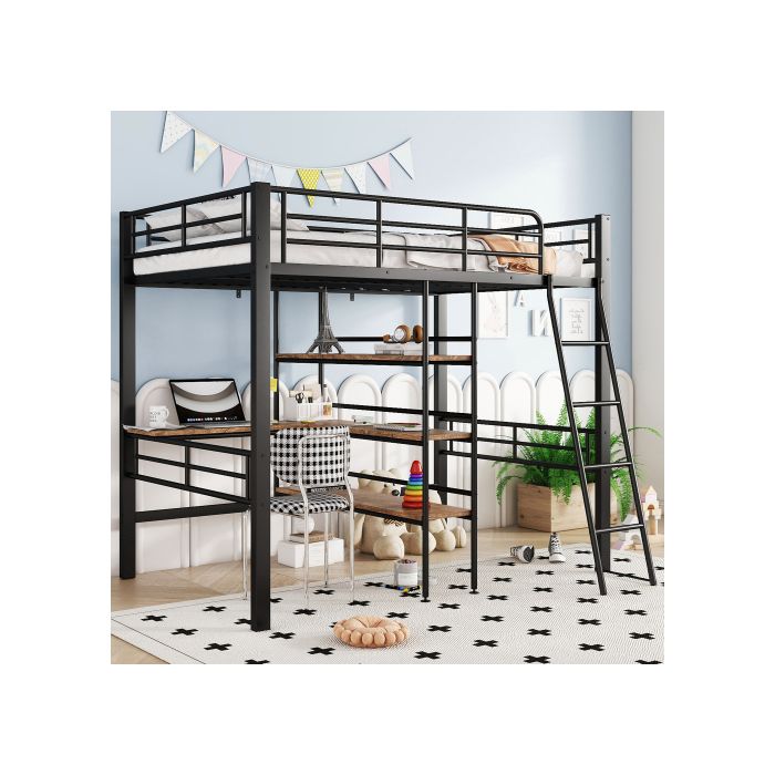 Lit mezzanine - MUVOE - 90x200cm - Noir - Avec bureau - Échelle sécurisée